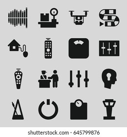 Control icons set. set of 16 control filled icons such as airport tower, lugagge weight, sliders, equalizer, metronome, smart home, switch off, keyhole in head, medical drone