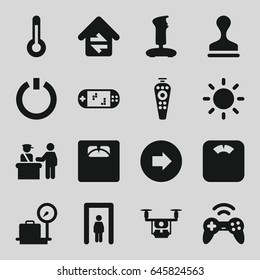 Control icons set. set of 16 control filled icons such as metal gate detector, arrow right, lugagge weight, stamp, floor scales, contrast, home connection, temperature