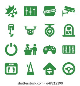 Control icons set. set of 16 control filled icons such as pass control, airport officer, floor scales, censored, sliders, slider, metronome, home connection