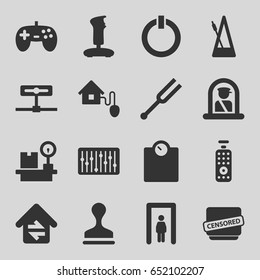 Control icons set. set of 16 control filled icons such as metal gate detector, airport officer, stamp, lugagge weight, censored, tonometer, slider, metronome, home connection