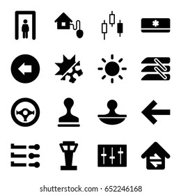 Control icons set. set of 16 control filled icons such as airport tower, metal gate detector, arrow left, stamp, sliders, blinds, contrast, home connection, smart home