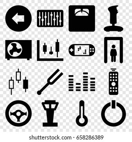 Control icons set. set of 16 control filled icons such as airport tower, metal gate detector, arrow left, floor scales, equalizer, tonometer, slider, air conditioner