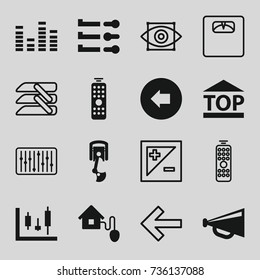 Control icons set. set of 16 control filled and outline icons such as arrow left, megaphone, top of cargo box, equalizer, smart home, robot arm, floor scales, slider, blinds