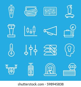 control icons set. Set of 16 control outline icons such as airport tower, airport officer, lugagge weight, megaphone, censored, slider, blinds, temperature, keyhole in head