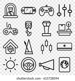 Control icons set. set of 16 control outline icons such as airport tower, airport officer, joystick, megaphone, lugagge weight, metronome, contrast, home connection