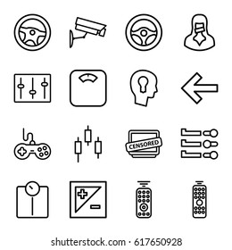 Control icons set. set of 16 control outline icons such as joystick, censored woman, censored, sliders, light exposure, keyhole in head, security camera, steering wheel
