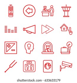 Control icons set. set of 16 control outline icons such as airport officer, arrow left, lugagge weight, airport tower, floor scales, megaphone, fast forward, equalizer