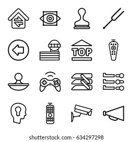 Control icons set. set of 16 control outline icons such as arrow left, airport tower, stamp, megaphone, top of cargo box, remote control, tonometer, blinds, home connection