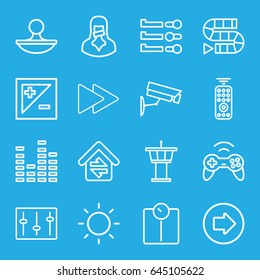Control icons set. set of 16 control outline icons such as arrow right, airport tower, equalizer, censored woman, fast forward, sliders, stamp, light exposure, contrast