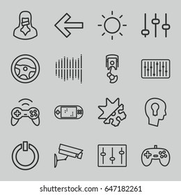 Control icons set. set of 16 control outline icons such as censored woman, sliders, slider, equalizer, contrast, cold and hote mode, switch off, keyhole in head, robot arm