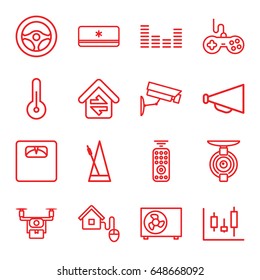 Control icons set. set of 16 control outline icons such as joystick, megaphone, floor scales, equalizer, metronome, home connection, smart home, air conditioner, temperature
