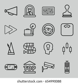 Control icons set. set of 16 control outline icons such as airport officer, lugagge weight, stamp, megaphone, top of cargo box, fast forward, slider, metronome