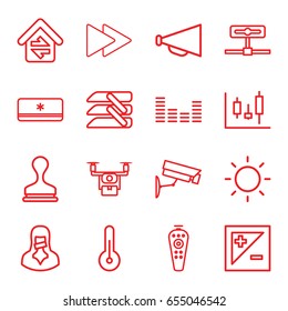 Control icons set. set of 16 control outline icons such as stamp, megaphone, censored woman, fast forward, equalizer, blinds, light exposure, contrast, home connection