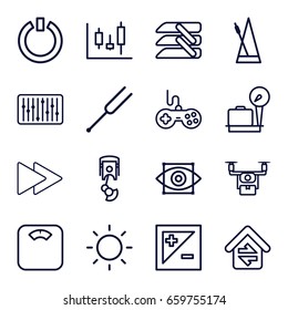 Control icons set. set of 16 control outline icons such as lugagge weight, joystick, fast forward, tonometer, slider, metronome, blinds, light exposure, contrast