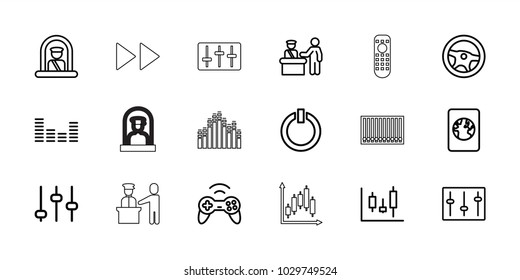 Control icons. set of 18 editable outline control icons: airport officer, adjust, wheel, equalizer, sliders, switch off, passport, joystick, fast forward