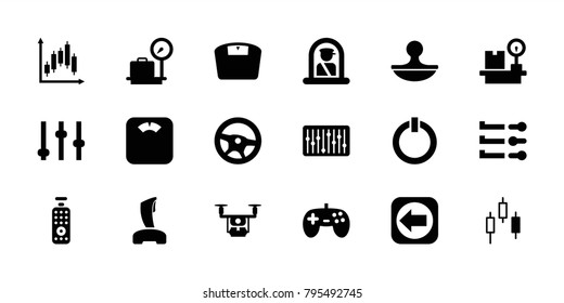 Control icons. set of 18 editable filled control icons: airport officer, lugagge weight, adjust, joystick, wheel, floor scales, medical drone, slider, stamp, switch off