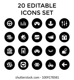 Control icons. set of 20 editable filled control icons such as metal gate detector, lugagge weight, joystick, megaphone. best quality control elements in trendy style.