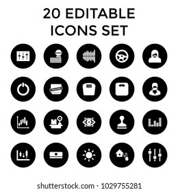 Control icons. set of 20 editable filled control icons such as airport tower, stamp, wheel, floor scales, lugagge weight. best quality control elements in trendy style.