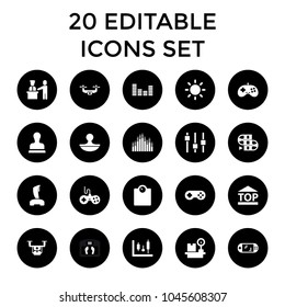 Control icons. set of 20 editable filled control icons such as joystick, floor scale, medical drone, top of cargo box. best quality control elements in trendy style.