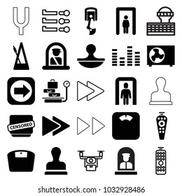 Control icons. set of 25 editable filled and outline control icons such as metal gate detector, airport officer, floor scales, remote control, equalizer, censored