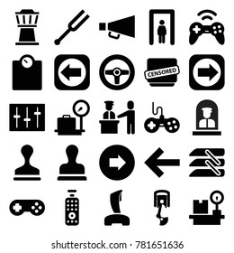 Control icons. set of 25 editable filled control icons such as metal gate detector, arrow right, lugagge weight, joystick, stamp, floor scale, censored, sliders, tonometer