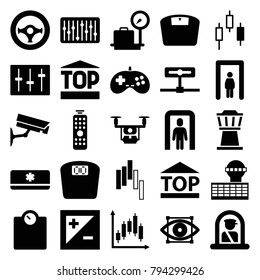 Control icons. set of 25 editable filled control icons such as metal gate detector, airport officer, lugagge weight, floor scale, medical drone, top of cargo box, sliders