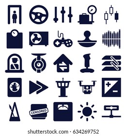 Control icons set. set of 25 control filled icons such as metal gate detector, airport officer, lugagge weight, airport tower, joystick, floor scales, censored, fast forward