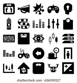 Control icons set. set of 25 control filled icons such as metal gate detector, arrow left, lugagge weight, joystick, floor scales, megaphone, equalizer, slider, blinds