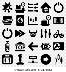 Control icons set. set of 25 control filled icons such as arrow right, lugagge weight, joystick, floor scales, top of cargo box, censored, fast forward, slider
