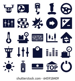 Control icons set. set of 25 control filled icons such as arrow right, lugagge weight, airport tower, top of cargo box, equalizer, sliders, slider, light exposure, contrast
