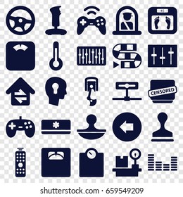 Control icons set. set of 25 control filled icons such as airport officer, arrow left, floor scales, stamp, lugagge weight, censored, equalizer, sliders, slider