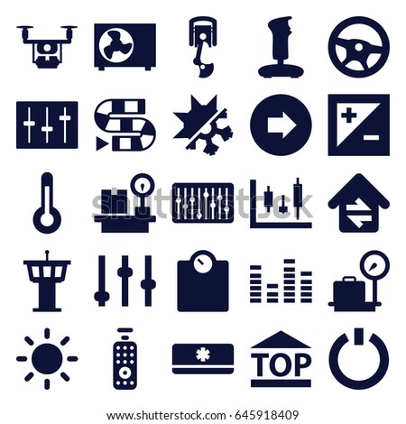 Control icons set. set of 25 control filled icons such as arrow right, lugagge weight, airport tower, top of cargo box, equalizer, sliders, slider, light exposure, contrast
