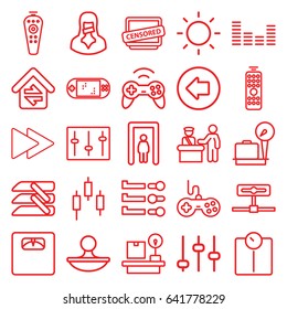 Control icons set. set of 25 control outline icons such as metal gate detector, arrow left, lugagge weight, joystick, floor scales, censored woman, censored, fast forward
