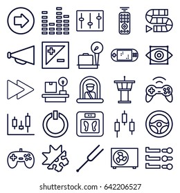Control icons set. set of 25 control outline icons such as airport officer, arrow right, lugagge weight, airport tower, floor scales, megaphone, equalizer, fast forward