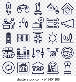 Control icons set. set of 25 control outline icons such as airport tower, airport officer, arrow left, lugagge weight, floor scales, megaphone, top of cargo box, equalizer