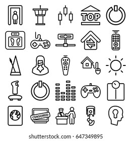 Control icons set. set of 25 control outline icons such as metal gate detector, airport tower, joystick, floor scales, top of cargo box, equalizer, censored woman, censored - Shutterstock ID 647349895