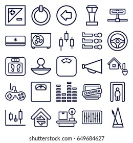 Control icons set. set of 25 control outline icons such as airport tower, metal gate detector, arrow left, joystick, floor scales, megaphone, lugagge weight, equalizer