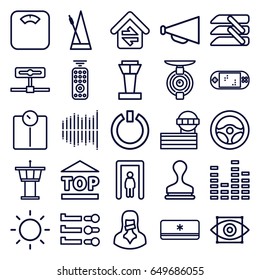 Control icons set. set of 25 control outline icons such as airport tower, metal gate detector, stamp, megaphone, top of cargo box, equalizer, censored woman, metronome, blinds