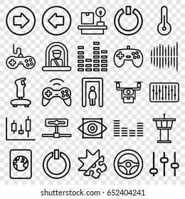 Control icons set. set of 25 control outline icons such as metal gate detector, airport officer, arrow left, arrow right, airport tower, joystick, lugagge weight, equalizer