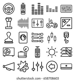 Control icons set. set of 25 control outline icons such as airport tower, arrow left, lugagge weight, joystick, stamp, megaphone, equalizer, sliders, slider, blinds