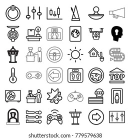 Control icons. set of 36 editable outline control icons such as keyhole in head, metal gate detector, arrow right, airport tower, floor scales, adjust, wheel, medical drone