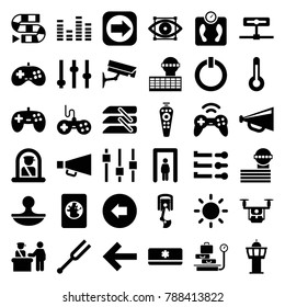 Control icons. set of 36 editable filled control icons such as metal gate detector, airport officer, arrow left, airport tower, joystick, megaphone, adjust, dice game