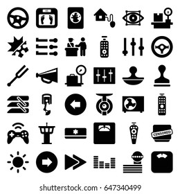 Control icons set. set of 36 control filled icons such as arrow left, arrow right, lugagge weight, airport tower, floor scales, stamp, megaphone, censored, fast forward