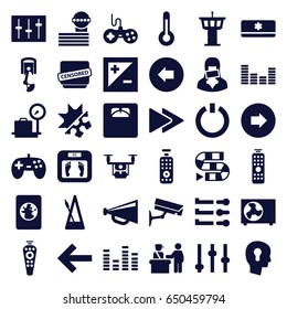 Control icons set. set of 36 control filled icons such as arrow left, arrow right, lugagge weight, airport tower, joystick, floor scales, megaphone, equalizer, censored woman