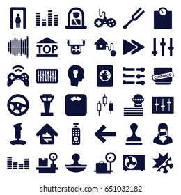 Control icons set. set of 36 control filled icons such as airport tower, metal gate detector, airport officer, lugagge weight, joystick, stamp, top of cargo box, equalizer