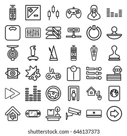 Control icons set. set of 36 control outline icons such as metal gate detector, arrow right, airport tower, joystick, stamp, lugagge weight, equalizer, censored woman