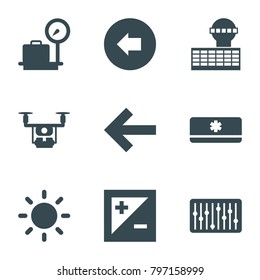 Control icons. set of 9 editable filled control icons such as arrow left, lugagge weight, medical drone, slider, back, light exposure, contrast, air conditioner