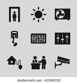 Control icons set. set of 9 control filled icons such as pass control, metal gate detector, sliders, slider, contrast, smart home, air conditioner, robot arm