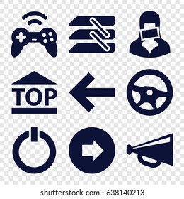 Control icons set. set of 9 control filled icons such as arrow right, megaphone, top of cargo box, censored woman, blinds, switch off, joystick, wheel