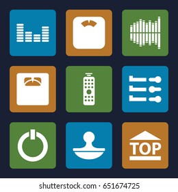 Control icons set. set of 9 control filled icons such as floor scales, top of cargo box, equalizer, stamp, remote control, switch off